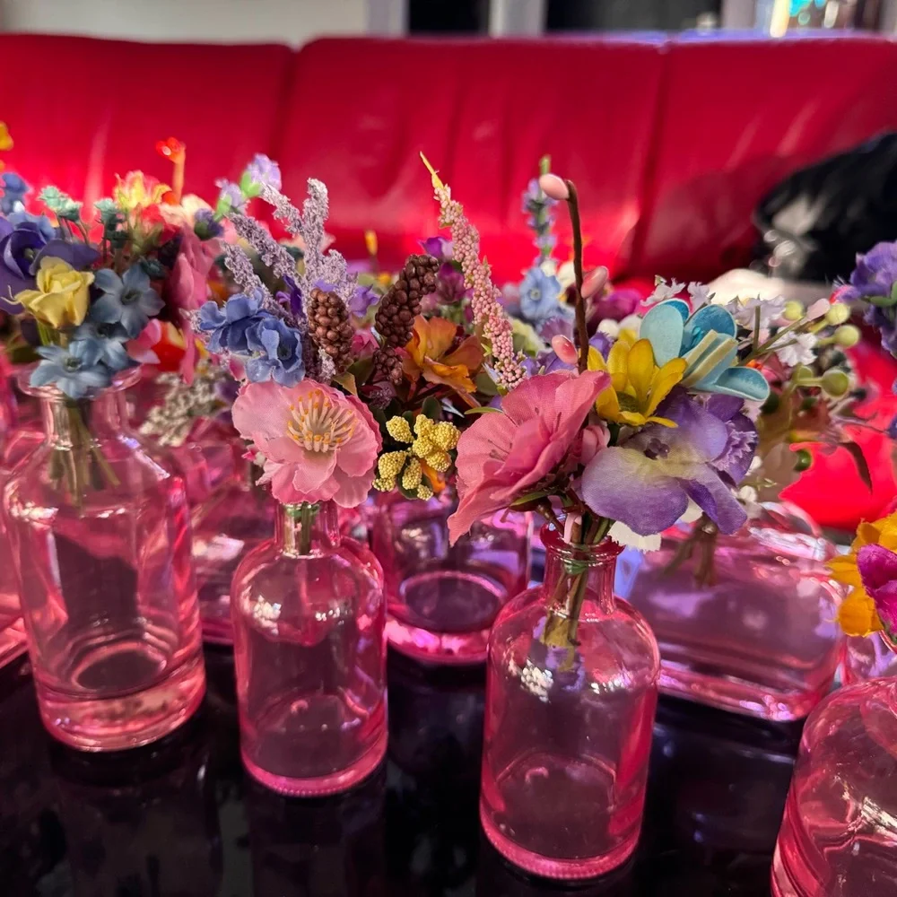 Lot Of 24 Custom Wedding Pink Glass Bud Vases Bundle One-Of-A-Kind With Flowers